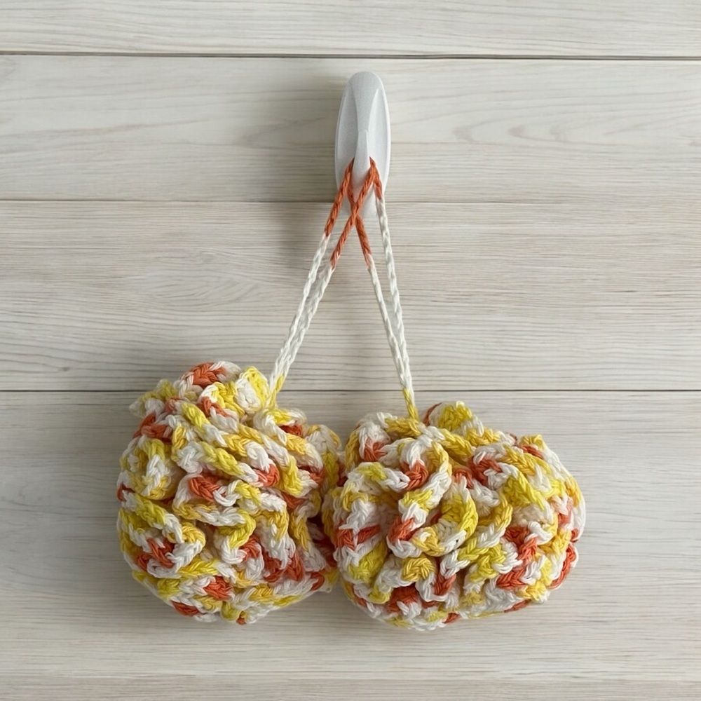 Set of 2 Crochet Yellow/Orange/White Eco-Friendly Bath Loofahs with Hanging Loop